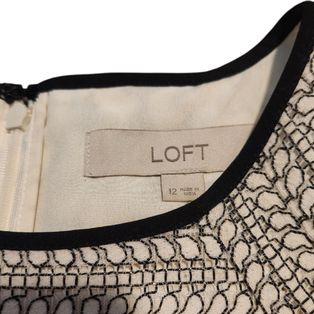 Loft Cream Sleeveless Shift Sheath Dress with Black Lace Overlay Classic Size 12 - Picture 8 of 12